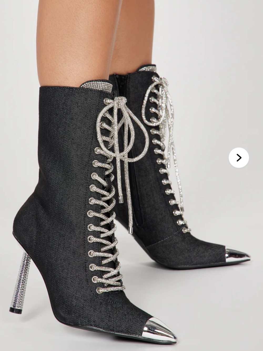 Black Rhinestone Lace-Up Pointed Toe Women's Ankle Boots